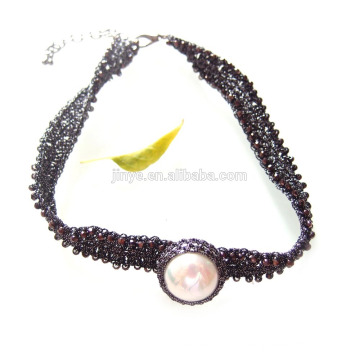 Fashion Boho Black Crystal Crochet Pearl Choker Necklace